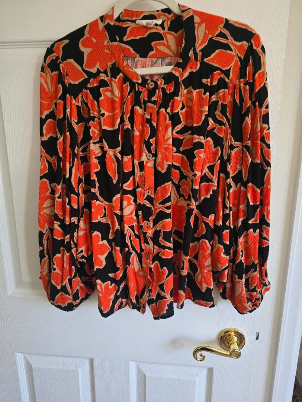 Easel Orange Floral on Black Blouse Bat Wings Size M